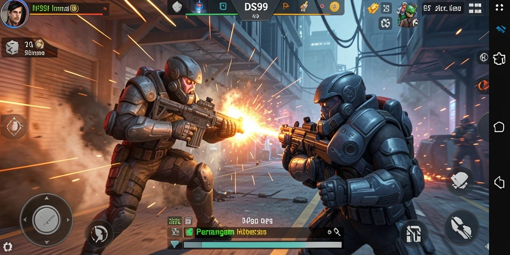 Tampilan gameplay seru dalam DS99 dengan aksi tembak-tembakan intens.