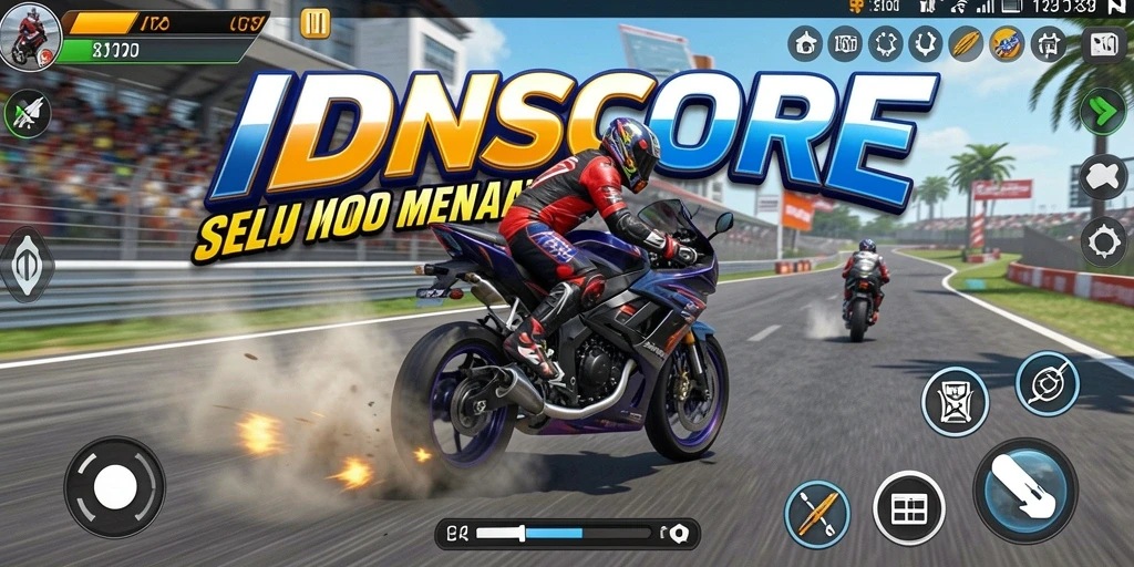 Tampilan utama gameplay IDNSCORE dengan aksi balap motor yang mendebarkan.