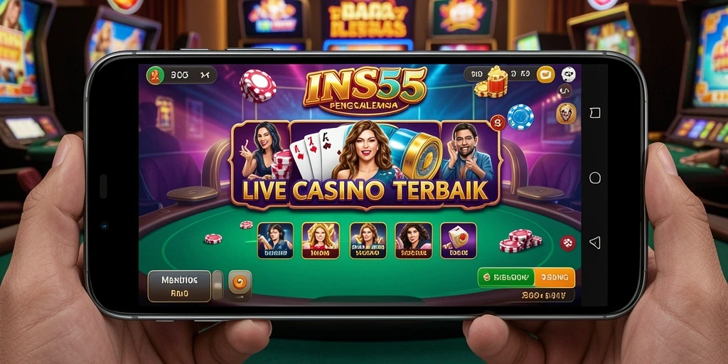 Screenshot utama INS55 menunjukkan dealer langsung dan permainan yang menegangkan.