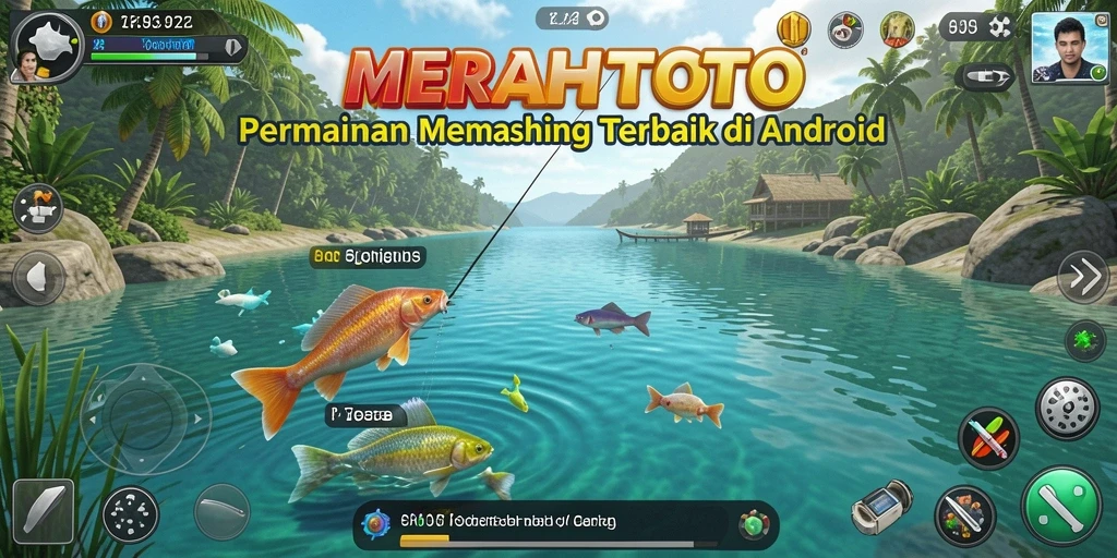 Screenshot gameplay MERAHTOTO menampilkan suasana memancing yang seru dan indah.