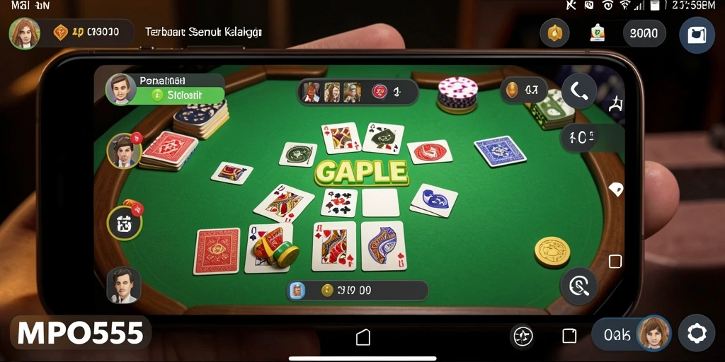 Screenshot MPO555 menampilkan gameplay Gaple yang seru dan interaktif.
