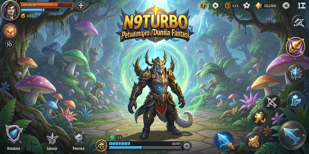 Tangkapan layar utama N9TURBO menampilkan aksi seru dalam gameplay petualangan.