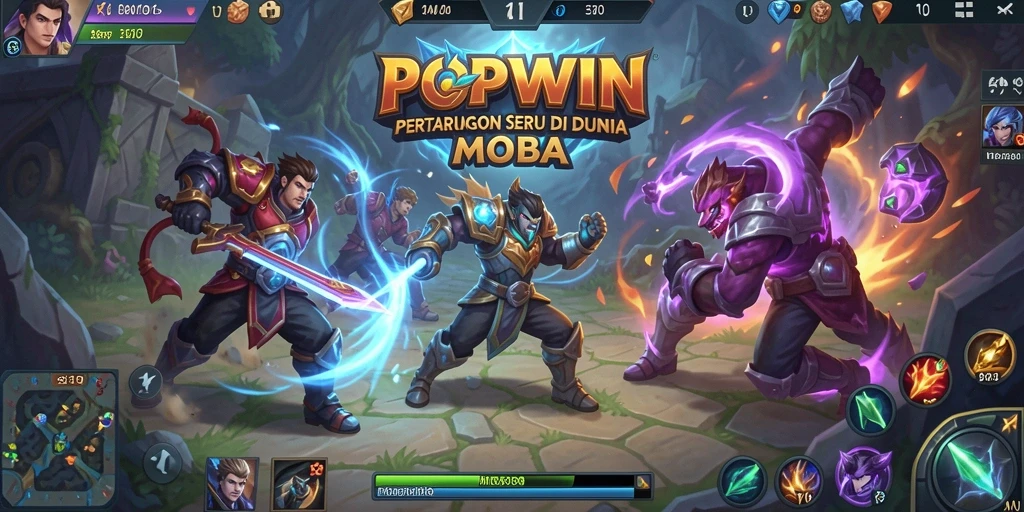 Screenshot permainan POPWIN dengan aksi pertarungan MOBA yang seru.