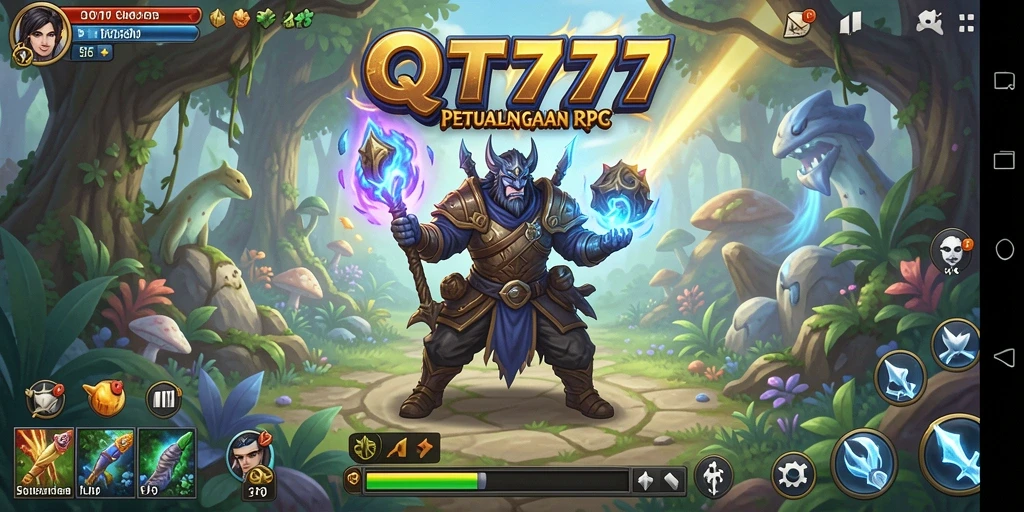 Screenshot utama QT777 menampilkan karakter dalam pertarungan seru di dunia RPG.