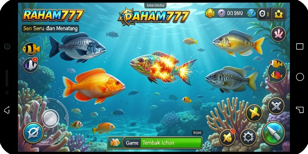 Tampilan gameplay RAHAM777 dengan ikan yang beragam dan penuh warna.