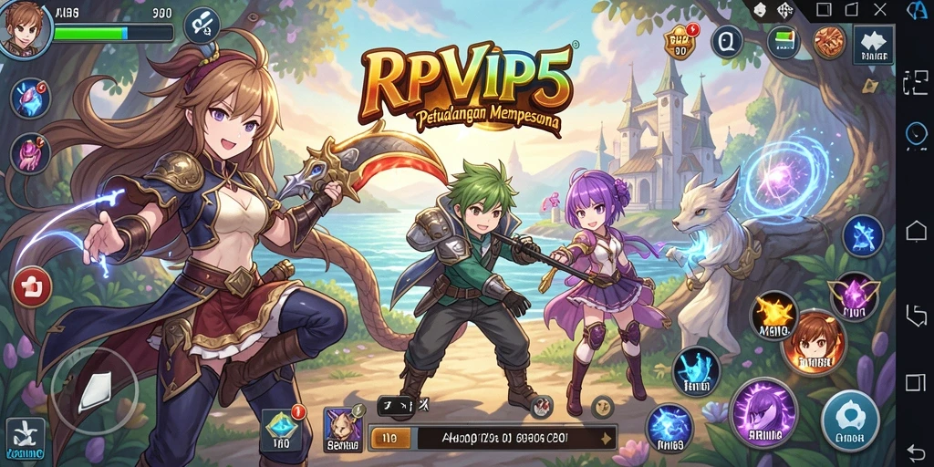 Tangkapan layar gameplay RPVIP5 yang menunjukkan karakter dalam pertempuran epik.